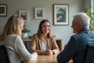 Une femme d'âge moyen en réunion avec un couple âgé dans un espace moderne