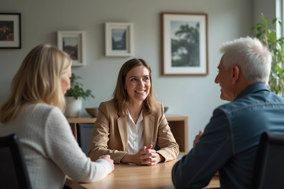 Une femme d'âge moyen en réunion avec un couple âgé dans un espace moderne