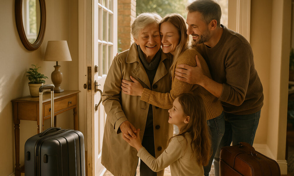 Femme âgée accueillie chaleureusement par sa famille à la porte