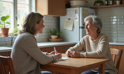 Femme senior et aide en cuisine discutant chaleureusement