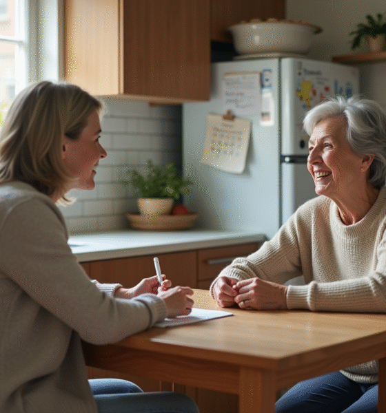 Femme senior et aide en cuisine discutant chaleureusement