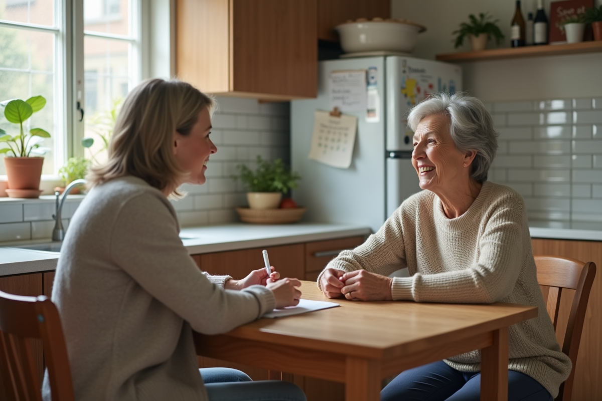 Femme senior et aide en cuisine discutant chaleureusement