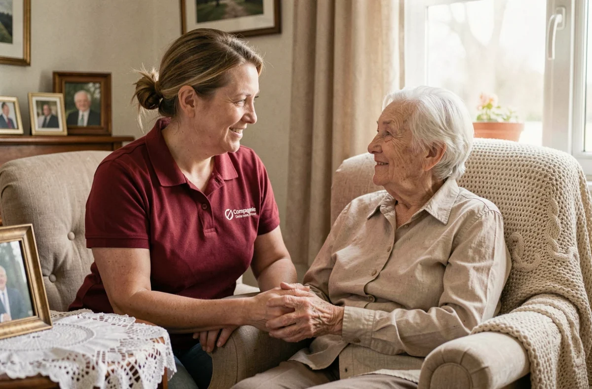 Accompagnatrice Senior Compagnie tenant la main d'une personne âgée lors d'un moment de compagnie à domicile