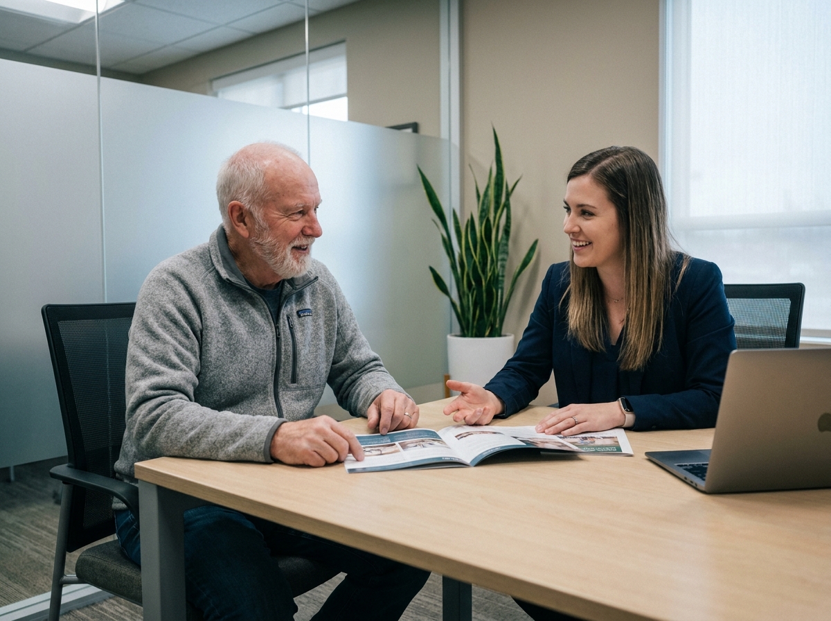 Homme senior en consultation avec une conseillère en assurance pour choisir sa mutuelle santé en 2026, dans un bureau moderne