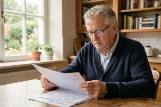 Homme senior de plus de 70 ans examinant des documents administratifs pour le renouvellement de son permis de conduire