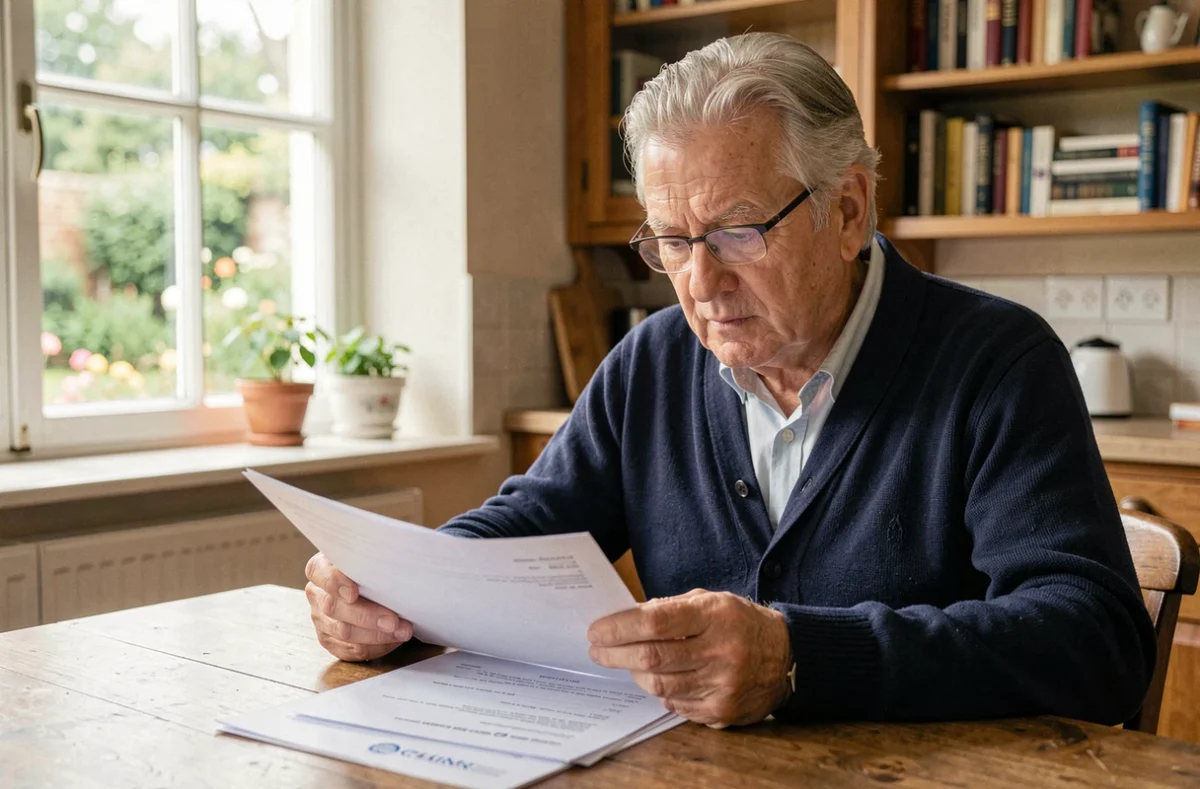 Homme senior de plus de 70 ans examinant des documents administratifs pour le renouvellement de son permis de conduire
