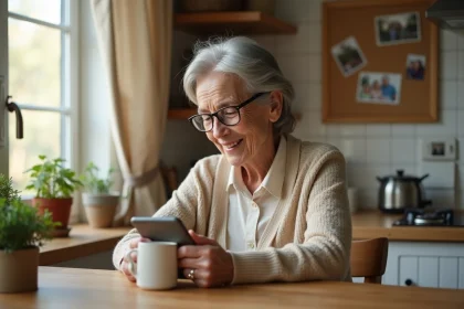 Une femme âgée souriante discute via smartphone dans sa cuisine, illustrant le soutien à domicile pour les seniors isolés