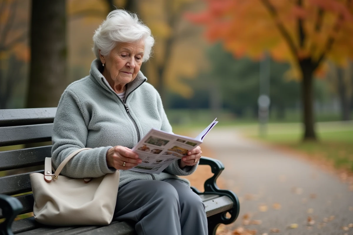 Une femme senior lit une brochure d'information sur un banc de parc en automne, évoquant l'autonomie et le soutien aux personnes âgées isolées