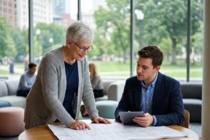 Femme senior élégante examine plans d appartement