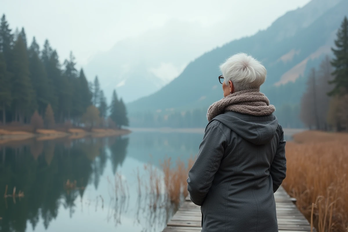 Femme senior regardant paisiblement le lac