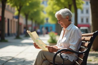 Femme senior détendue regardant une carte en plein air