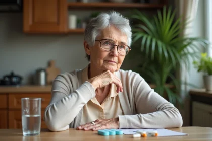 Femme senior pensant à sa santé dans une cuisine chaleureuse