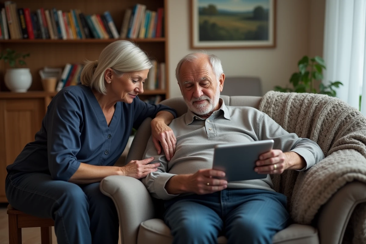 Un senior et une aide à domicile utilisent ensemble une tablette numérique dans un appartement, symbole d'accompagnement concret des personnes âgées isolées