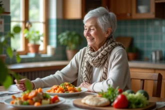 Femme âgée souriante avec repas équilibré à la maison