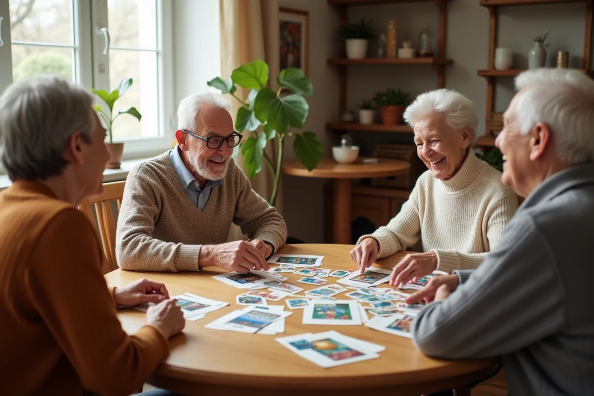 Trois seniors jouant à un jeu de société basé sur des images et des illustrations autour d'une table en bois chez eux