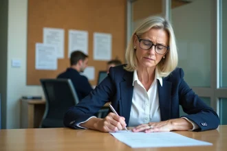 Femme professionnelle remplissant un formulaire de signalement de personne vulnérable dans un bureau administratif