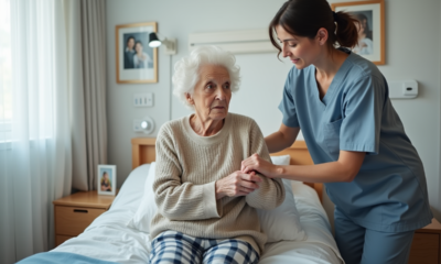 Femme âgée assise sur un lit d'hôpital avec aide soignante