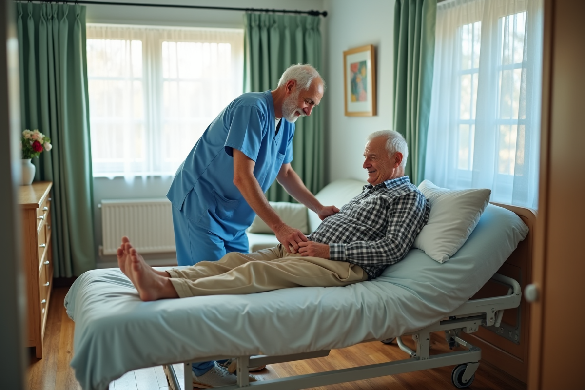 Infirmier changeant un homme âgé dans une chambre de retraite