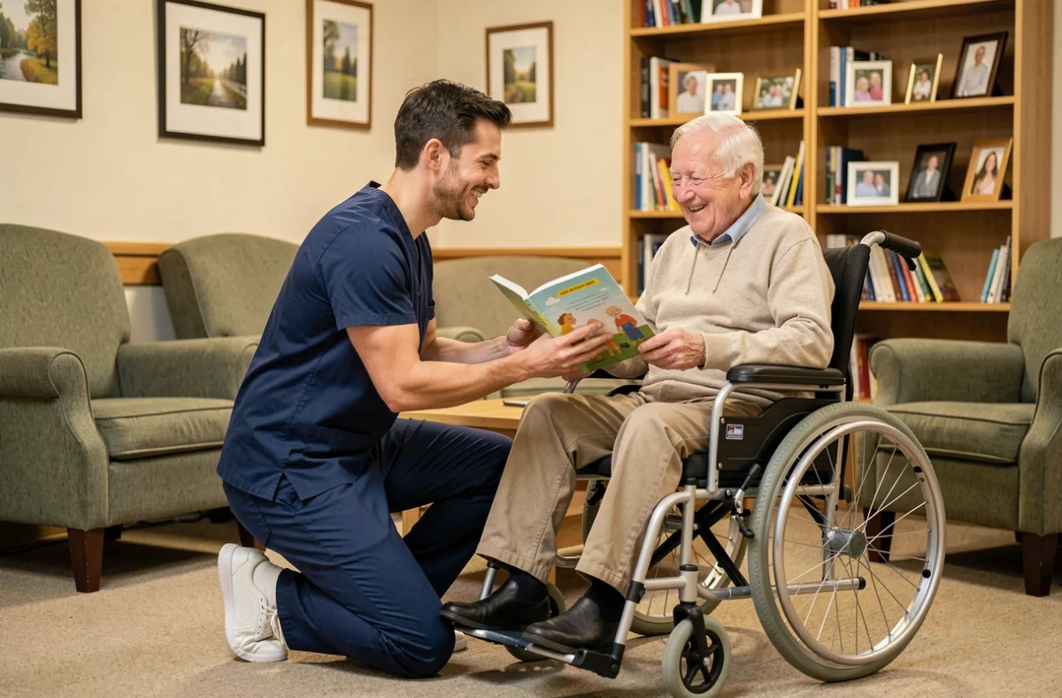 Soignant accompagnant un résident en fauteuil roulant lors d'une activité de lecture partagée dans le salon commun