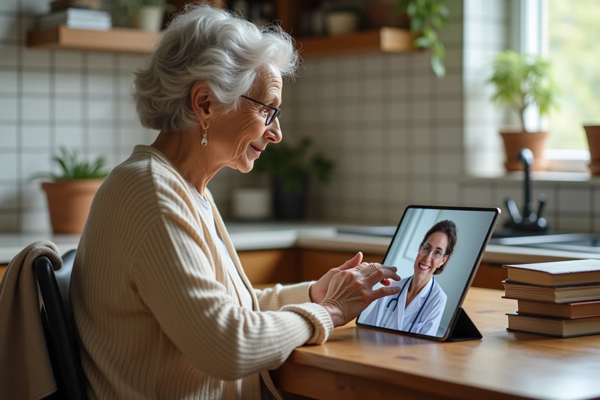 Femme âgée en téléconsultation gériatrique sur tablette dans sa cuisine, évaluation ADL à distance