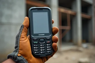 Téléphone mobile robuste tenu par un ouvrier sur un chantier de construction, avec coque antichoc et grands boutons visibles