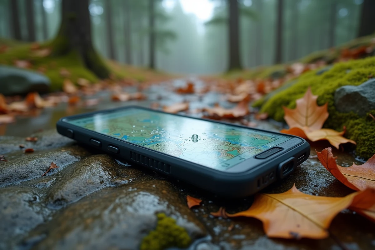 Téléphone mobile robuste et étanche posé sur un rocher humide en forêt lors d'une randonnée en automne