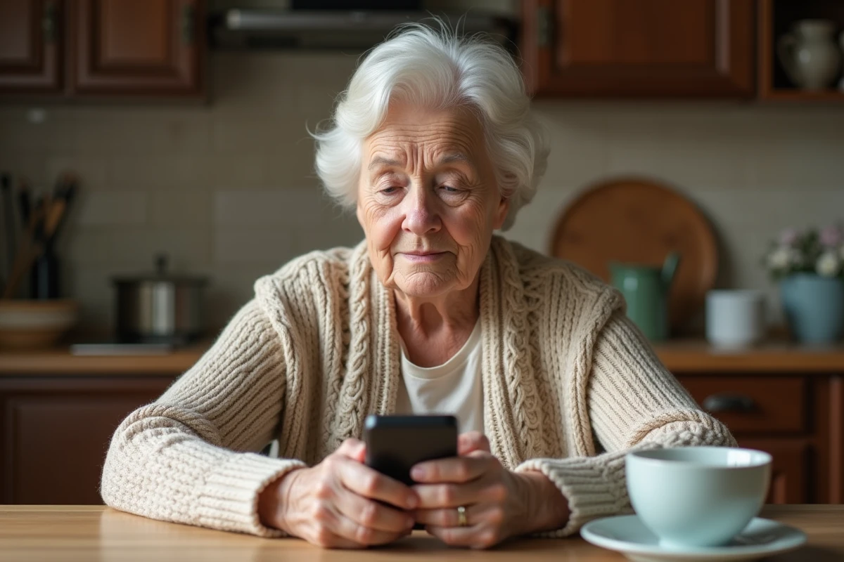 Femme âgée utilisant un téléphone mobile senior à grands boutons posé sur une table de cuisine en bois