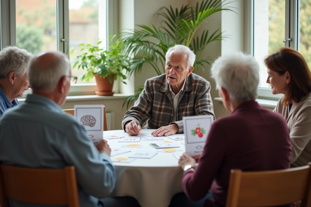 Groupe de seniors participant à une séance de thérapie cognitive dans un centre de jour spécialisé en France pour la prise en charge de la sénilité