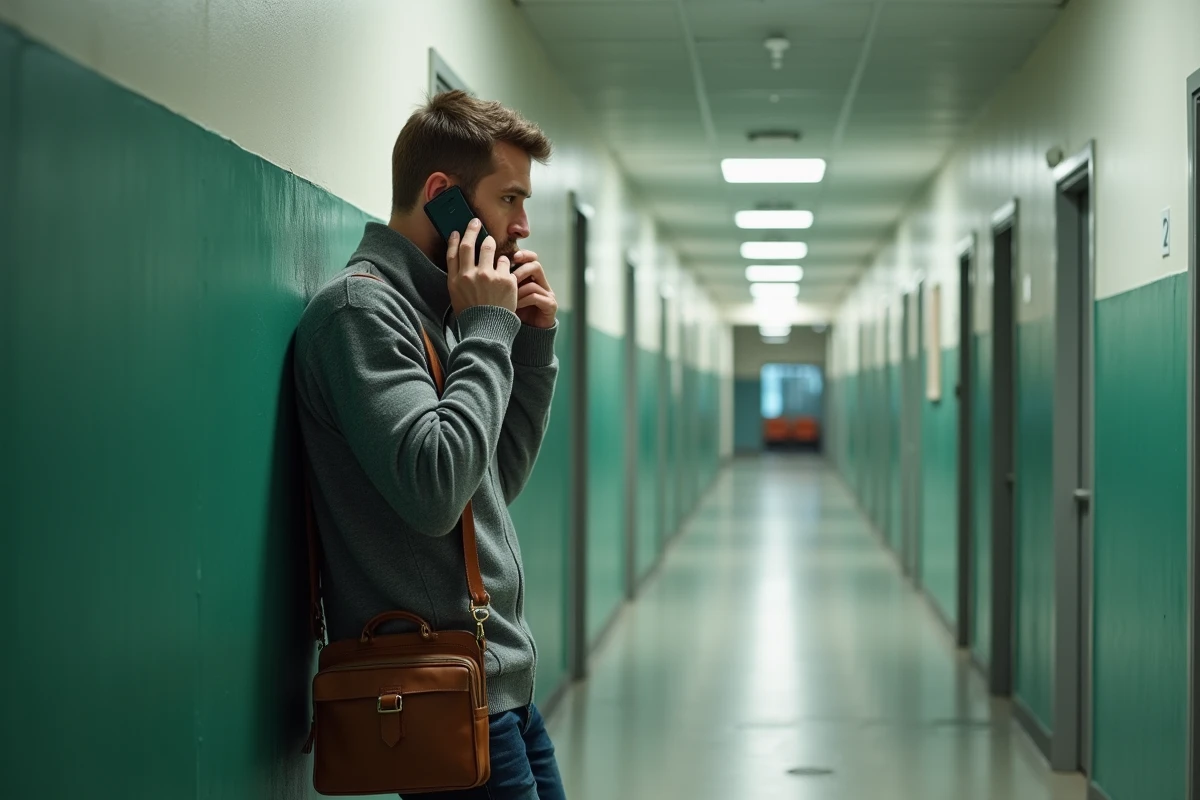 Travailleur social passant un appel discret dans un couloir de service public lors d'un signalement de vulnérabilité