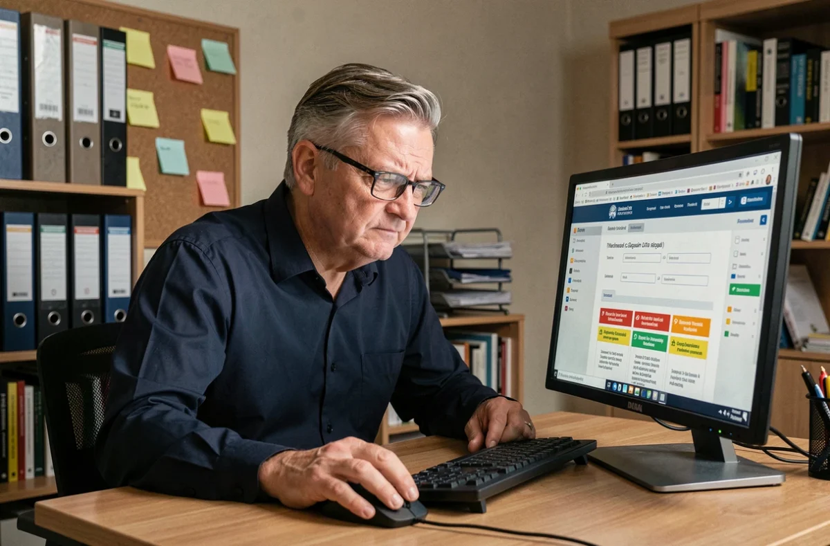 Un tuteur familial masculin face à une erreur sur un formulaire en ligne de Mon Proxima, dans un bureau à domicile organisé