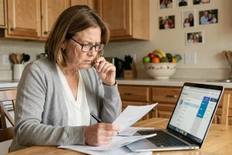 Une tutrice familiale à domicile consultant des documents administratifs sur Mon Proxima, assise à la table de cuisine avec une expression concentrée