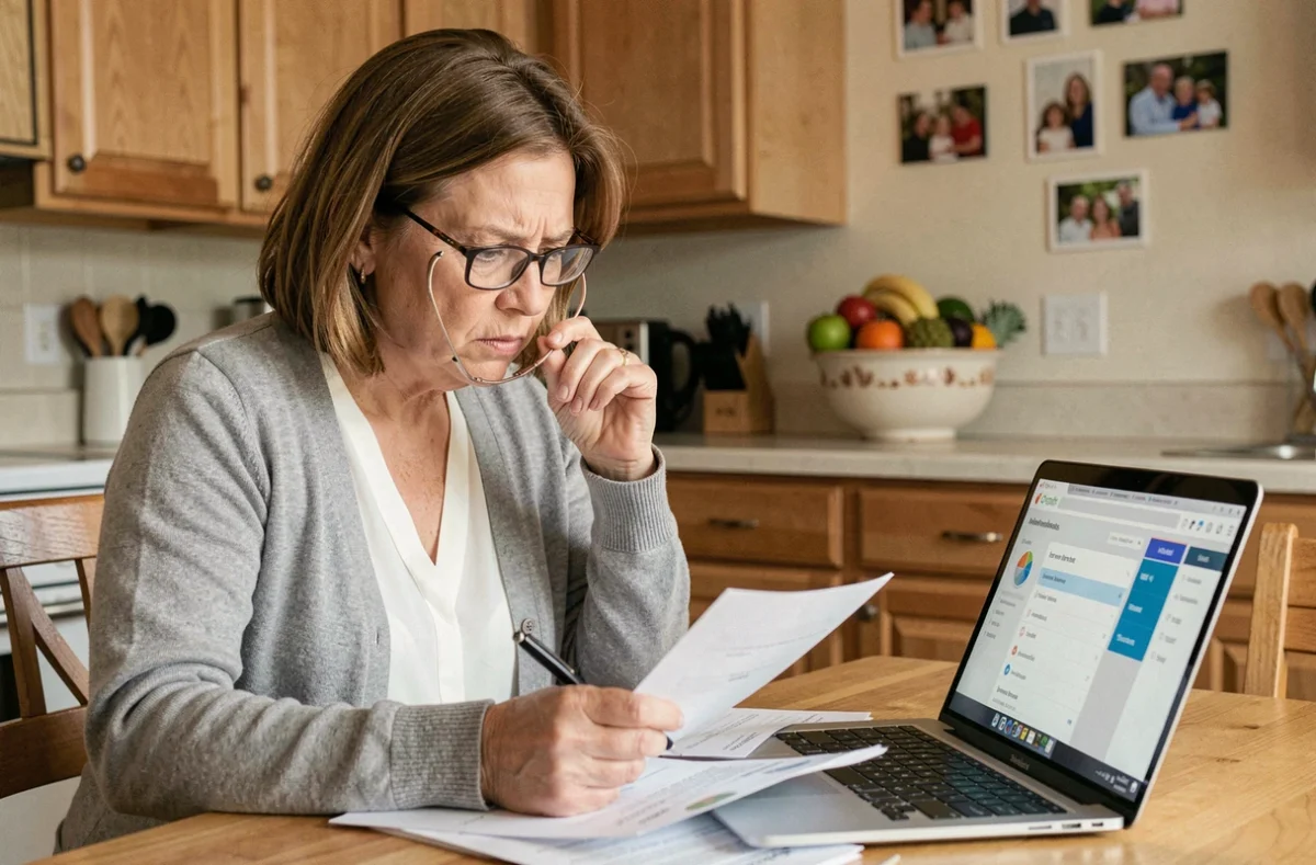 Une tutrice familiale à domicile consultant des documents administratifs sur Mon Proxima, assise à la table de cuisine avec une expression concentrée