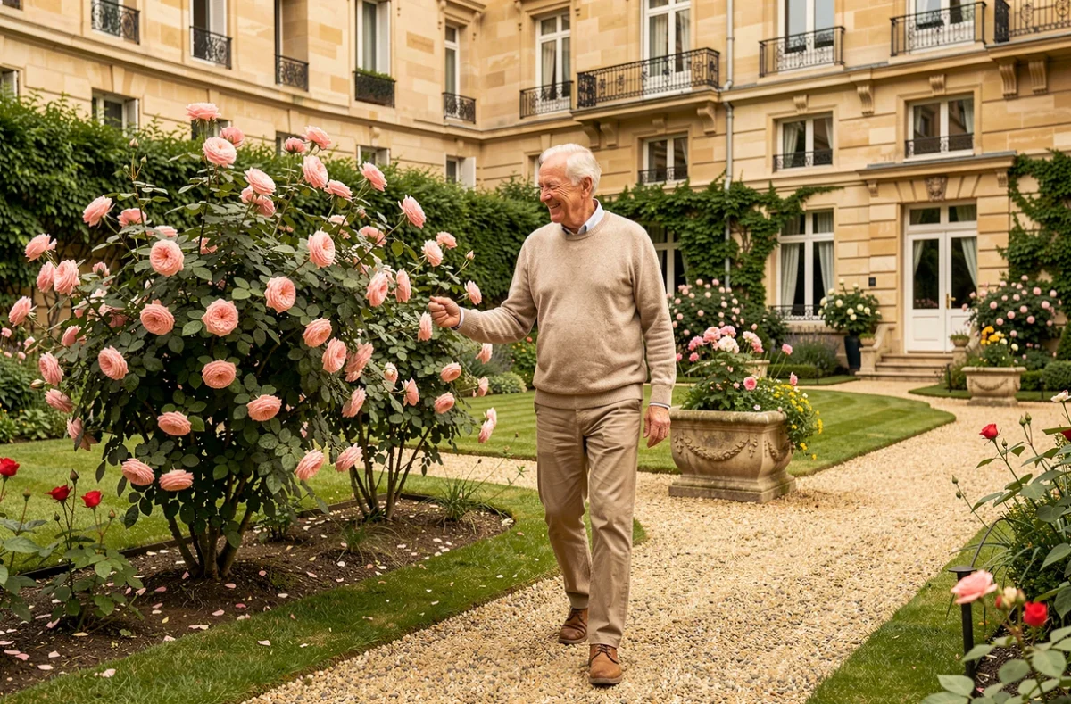 Résident senior se promenant dans le jardin paysager de la Villa Beausoleil Paris parmi les rosiers en fleurs