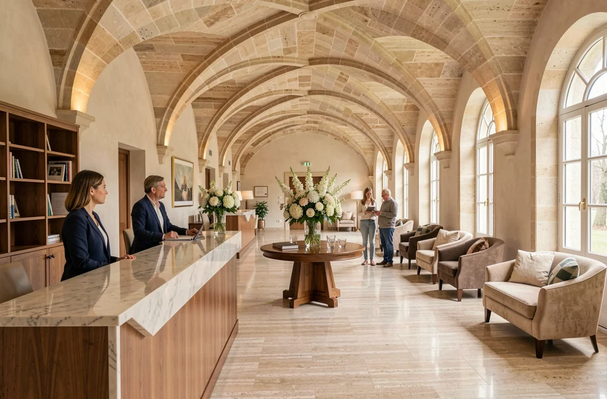 Hall d'accueil élégant avec plafond voûté en pierre et bureau d'accueil de la Villa Médicis d'Autun