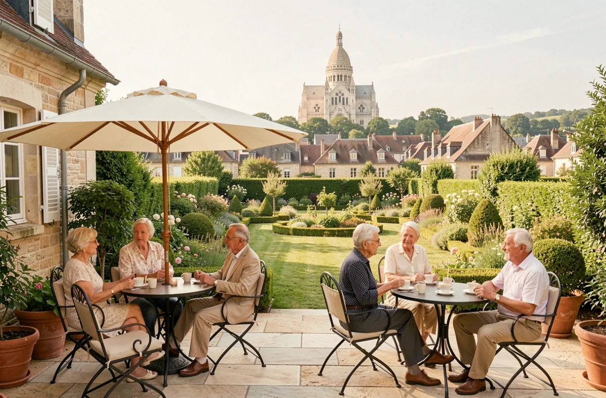 Terrasse de la Villa Médicis à Paray-le-Monial avec des résidents attablés en terrasse et la silhouette de la basilique en arrière-plan