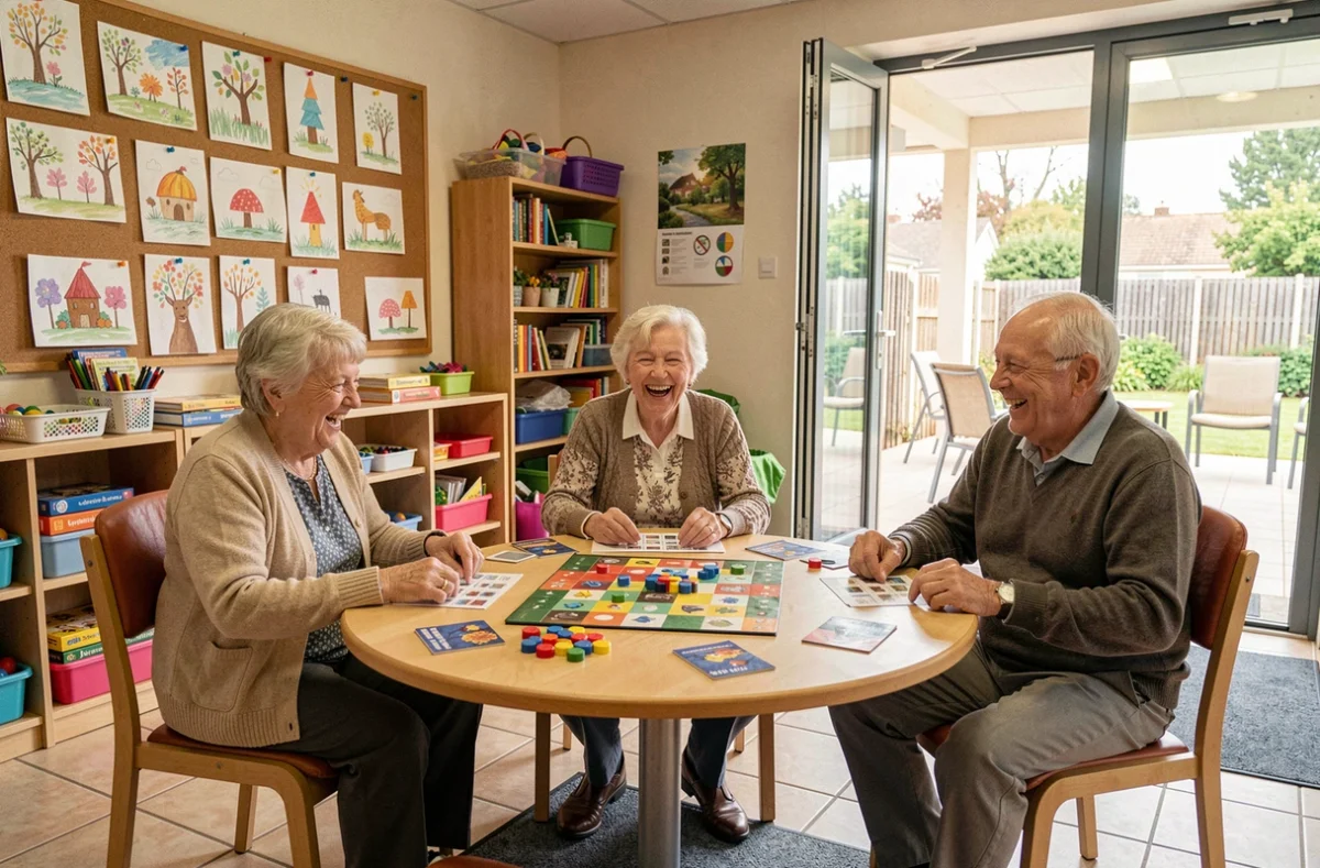 Groupe de résidents âgés jouant à un jeu de société ensemble dans la salle d'animations de la maison de retraite