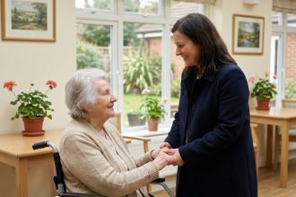 Une femme âgée en maison de retraite tient la main de sa fille lors d'une visite, illustrant l'importance de la proximité géographique pour le maintien des liens familiaux