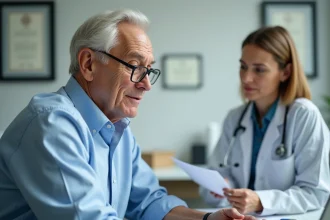 Un homme de plus de 70 ans lors d'une visite médicale pour le renouvellement de son permis de conduire, assis face à une médecin dans un cabinet moderne