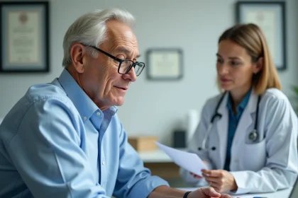 Un homme de plus de 70 ans lors d'une visite médicale pour le renouvellement de son permis de conduire, assis face à une médecin dans un cabinet moderne